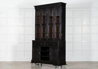 Large English 19thC Ebonised Mahogany Glazed Bookcase Secretaire