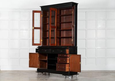 Large English 19thC Ebonised Mahogany Glazed Bookcase Secretaire