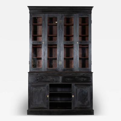 Large English 19thC Ebonised Mahogany Glazed Bookcase Secretaire