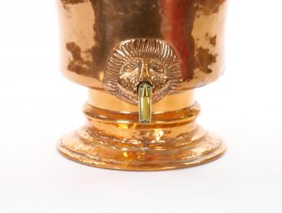 Large English Antique Copper Urn Hinged Lid Lions Head Side Handles