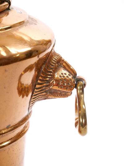 Large English Antique Copper Urn Hinged Lid Lions Head Side Handles