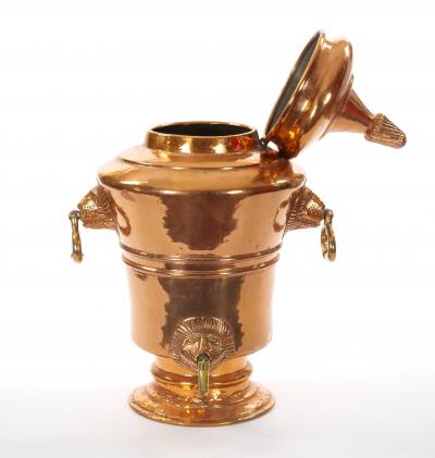 Large English Antique Copper Urn Hinged Lid Lions Head Side Handles