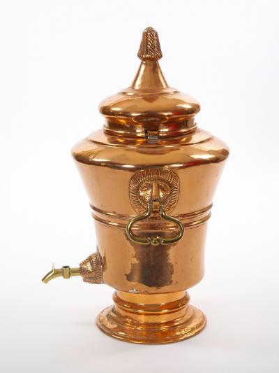 Large English Antique Copper Urn Hinged Lid Lions Head Side Handles