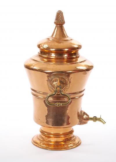 Large English Antique Copper Urn Hinged Lid Lions Head Side Handles