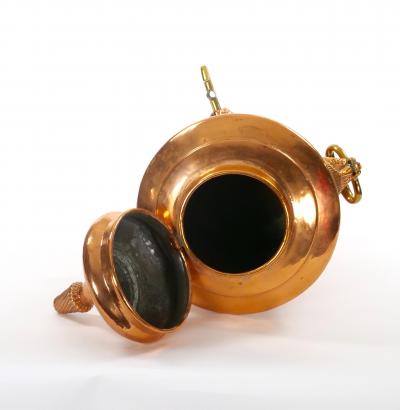 Large English Antique Copper Urn Hinged Lid Lions Head Side Handles