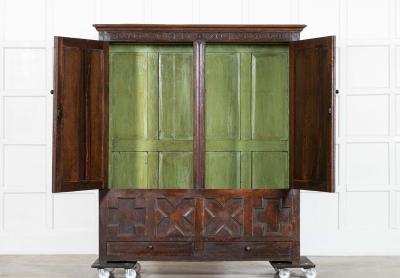 Large English Early 18thC Carved Oak Marriage Cabinet