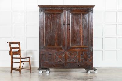 Large English Early 18thC Carved Oak Marriage Cabinet