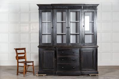 Large English Ebonised Glazed Pine Breakfront Bookcase