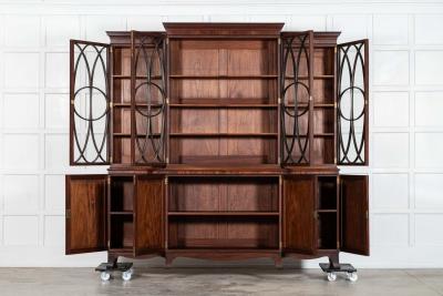 Large English Flame Mahogany Breakfront Bookcase