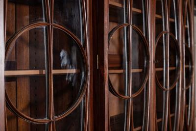 Large English Flame Mahogany Breakfront Bookcase