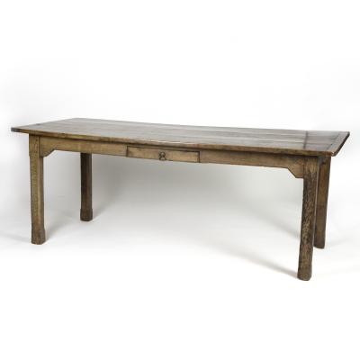 Large English Fruitwood Farm Table With Single Side Drawer