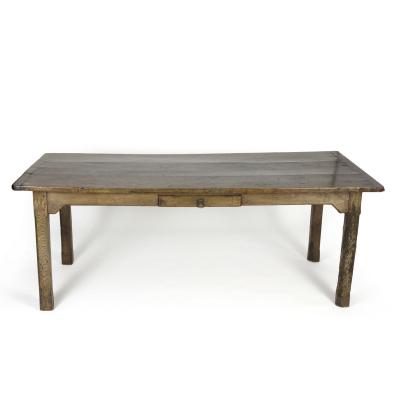 Large English Fruitwood Farm Table With Single Side Drawer