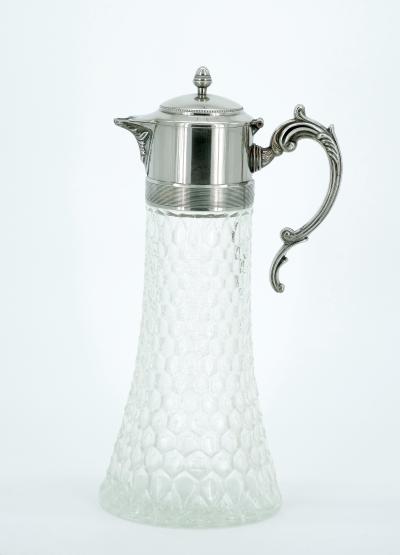 Large English Silver Plated Holding Top Cut Glass Claret Jug Pitcher