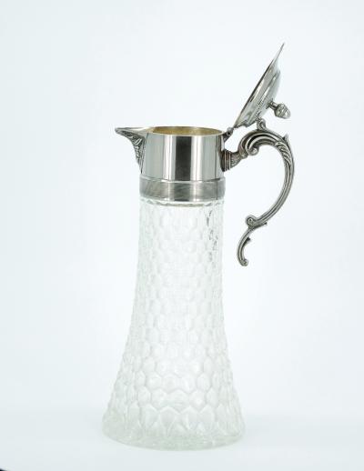 Large English Silver Plated Holding Top Cut Glass Claret Jug Pitcher