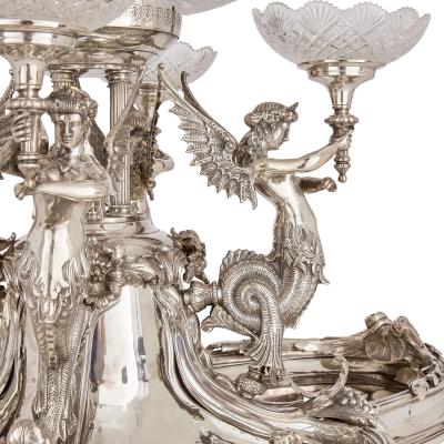 Large English silver plated and cut glass epergne centrepiece 20th Century
