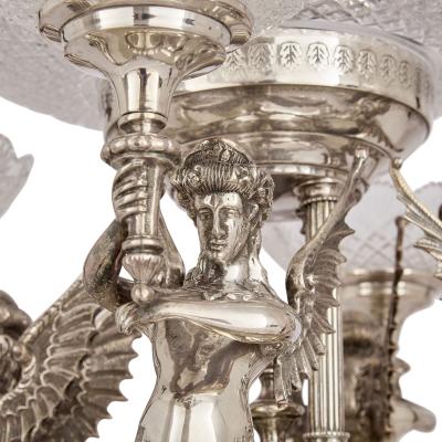 Large English silver plated and cut glass epergne centrepiece 20th Century