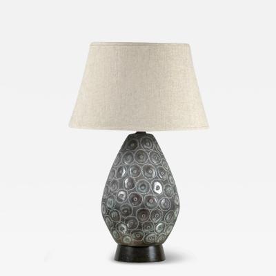 Large Engraved Glazed Ceramic Lamp with Custom Linen Shade