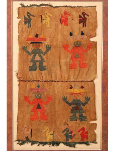 Large Framed Pre Columbian Embroidered Textile from Chimu Culture
