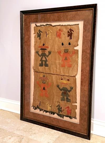 Large Framed Pre Columbian Embroidered Textile from Chimu Culture