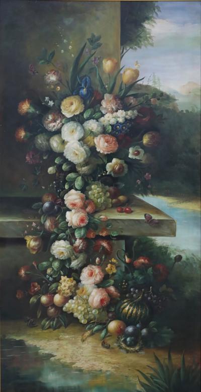 Large Framed Still Life Oil Painting of an Urn of Flowers on a Garden Bench
