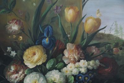 Large Framed Still Life Oil Painting of an Urn of Flowers on a Garden Bench