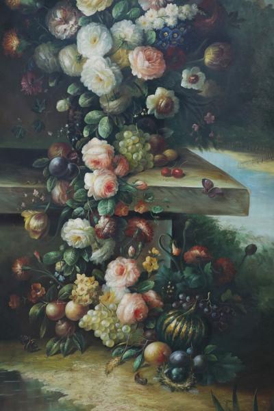 Large Framed Still Life Oil Painting of an Urn of Flowers on a Garden Bench