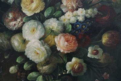 Large Framed Still Life Oil Painting of an Urn of Flowers on a Garden Bench