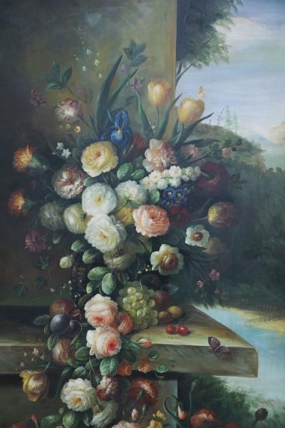 Large Framed Still Life Oil Painting of an Urn of Flowers on a Garden Bench
