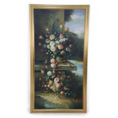 Large Framed Still Life Oil Painting of an Urn of Flowers on a Garden Bench