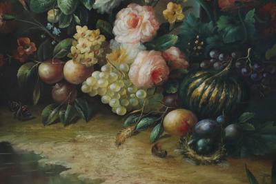Large Framed Still Life Oil Painting of an Urn of Flowers on a Garden Bench