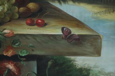 Large Framed Still Life Oil Painting of an Urn of Flowers on a Garden Bench