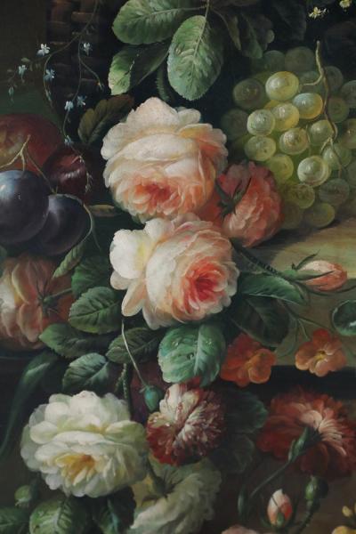 Large Framed Still Life Oil Painting of an Urn of Flowers on a Garden Bench