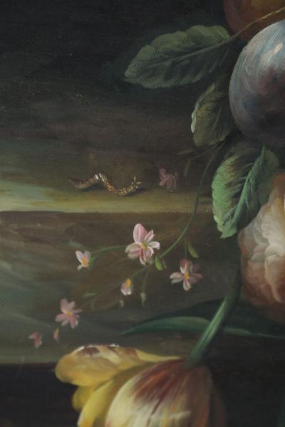 Large Framed Still Life Oil Painting of an Urn of Flowers on a Garden Bench
