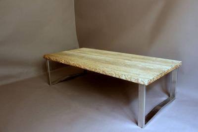 Large French 1970s Metal and Travertine Coffee Table