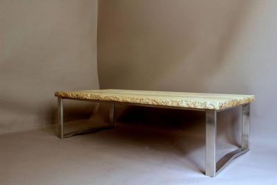 Large French 1970s Metal and Travertine Coffee Table