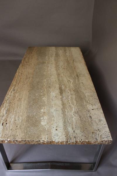 Large French 1970s Metal and Travertine Coffee Table