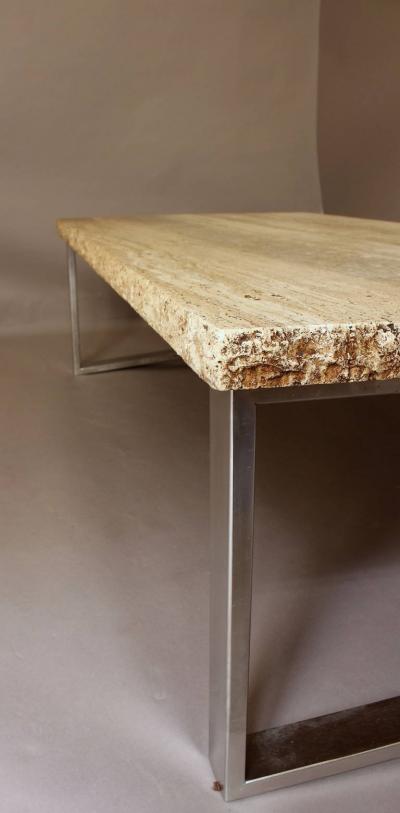 Large French 1970s Metal and Travertine Coffee Table