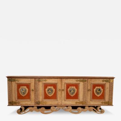 Large French Cerused Oak with Red Leather and Eglomise Mirrors 1930s