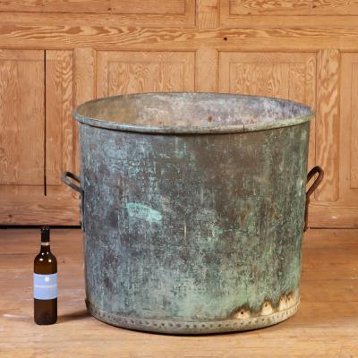 Large French Copper Pot with Handles and a Verdigris Patina C 1910