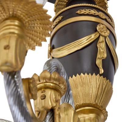 Large French Empire Style Gilt and Patinated Bronze Chandelier