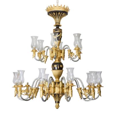 Large French Empire Style Gilt and Patinated Bronze Chandelier