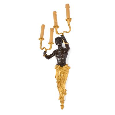 Large French Gilt Bronze Figural Wall Lights with Satyr Nymph