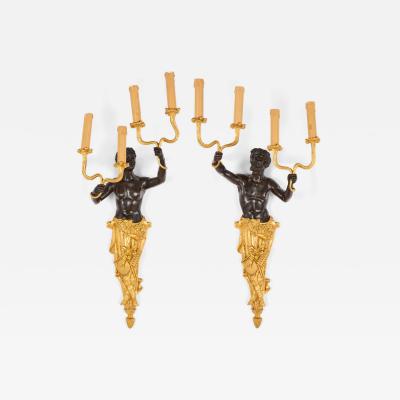 Large French Gilt Bronze Figural Wall Lights with Satyr Nymph