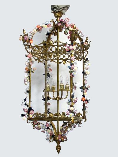 Large French Louis XVI Style Bronze Dor 4 light Lantern with Porcelain Flowers