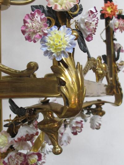 Large French Louis XVI Style Bronze Dor 4 light Lantern with Porcelain Flowers