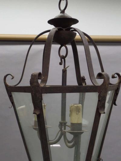 Large French Mid Century Wrought Iron Lantern Pendant Chandelier 1940
