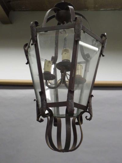 Large French Mid Century Wrought Iron Lantern Pendant Chandelier 1940