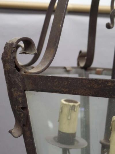 Large French Mid Century Wrought Iron Lantern Pendant Chandelier 1940