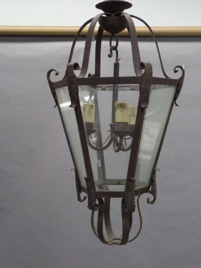 Large French Mid Century Wrought Iron Lantern Pendant Chandelier 1940