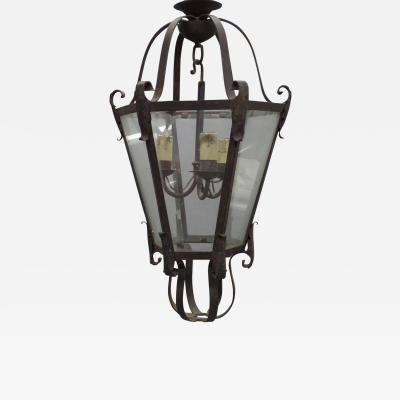 Large French Mid Century Wrought Iron Lantern Pendant Chandelier 1940